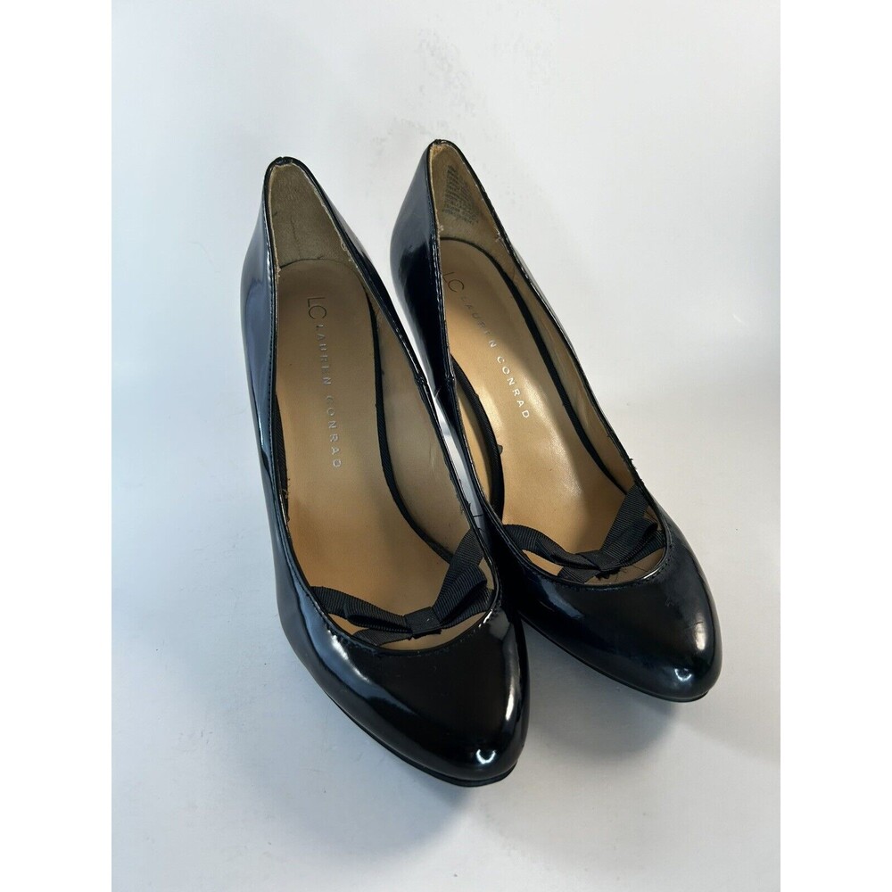 Lauren Conrad Black Strappy Bow Heels Patent Leather 4” Womens Size 7.5
